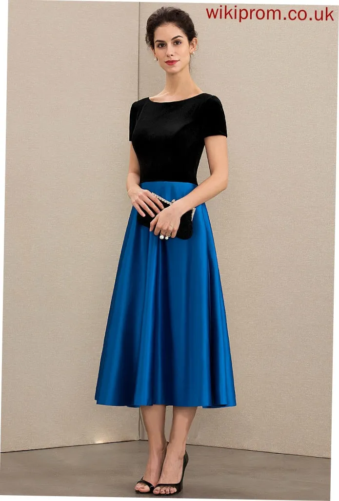 With the Tea-Length Neck Pockets Madilyn Satin Dress Mother of the Bride Dresses Bride Scoop of A-Line Mother Velvet