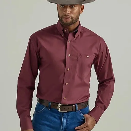 Wrangler Men's George Strait Long Sleeve One Pocket Button Down Solid Shirt- Violet Wine