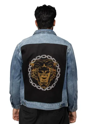 X RAY Men's Limited Edition Denim Jacket With Graphic on the back of Tiger W/Silver Chain